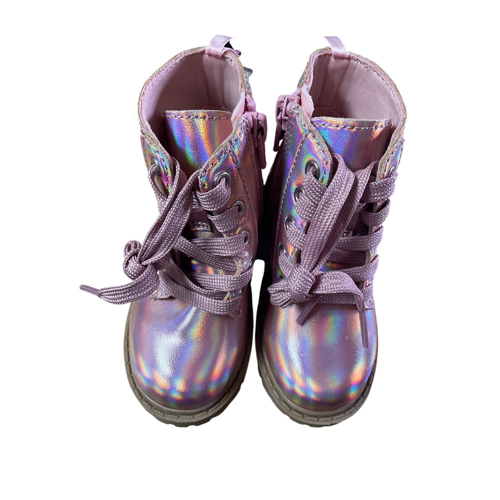 Old Navy Kids Pink Iridescent Holographic Lace Up Side Zip Combat Boots Size 6 - Picture 3 of 12